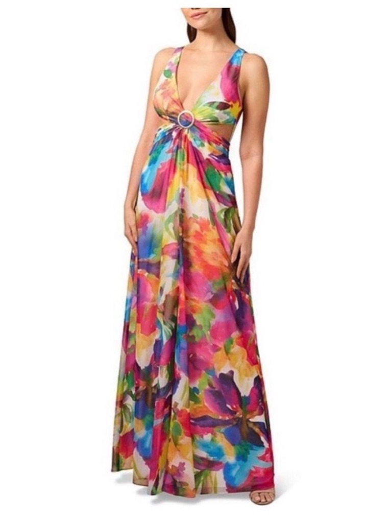 Liv Foster Vibrant Floral Gown Maxi Dress With O Ring Detail, Cutouts
